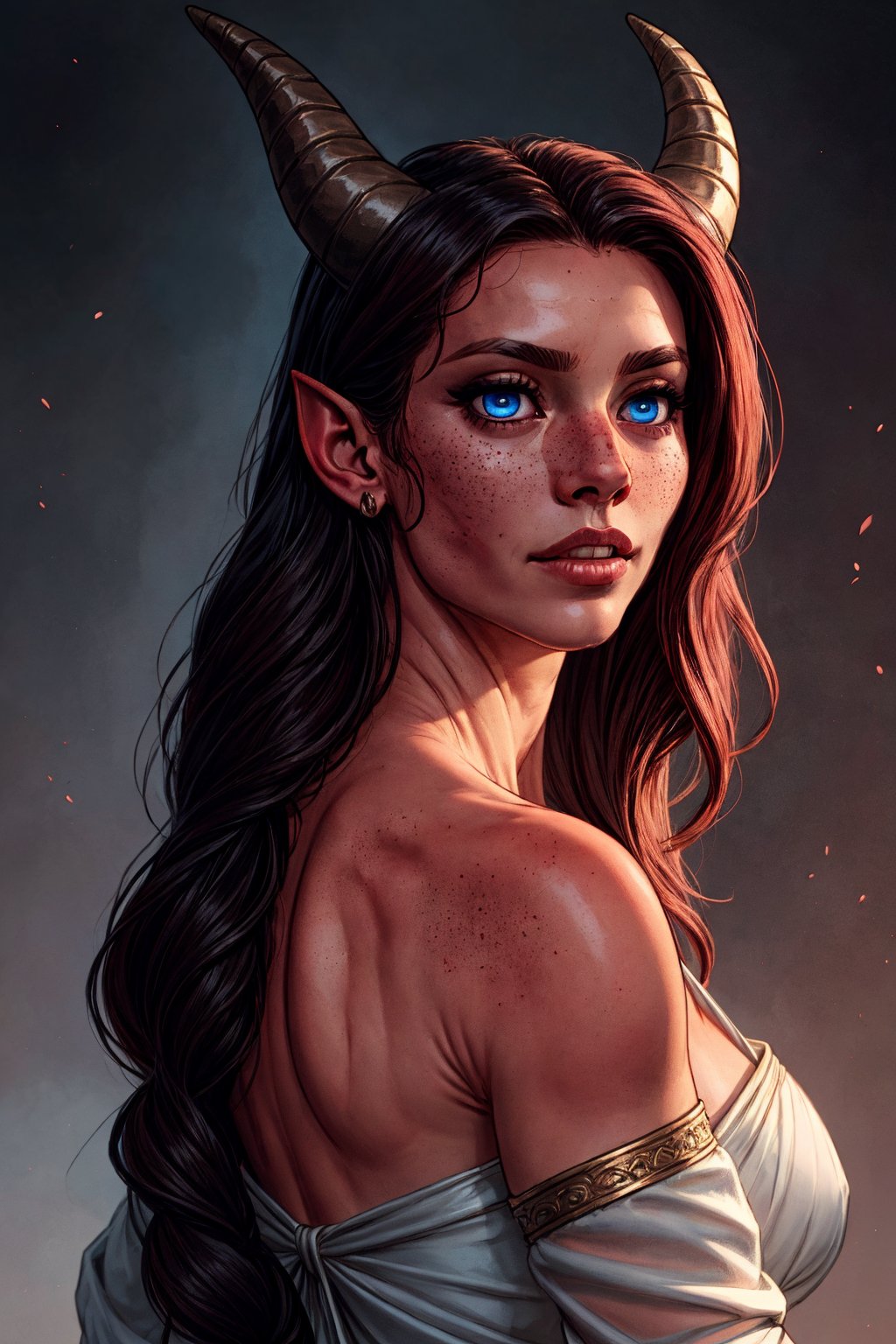 female tiefling, air of mystery and allure. long flowing dark hair cascades down her back, adorned with delicate freckles that speckle her cheeks, youthful charm. eleganty horns protrude from her forehead, rich in detail, reddish pink skin, light_blue_eyes, front-view, hands_down,fantasy