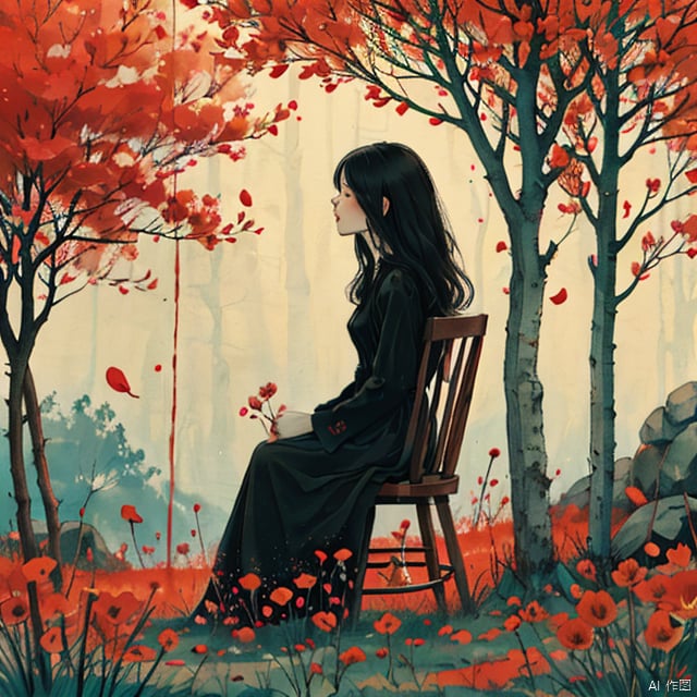 mLD, 1girl, solo, flower, long hair, sitting, dress, tree, black hair, black dress, petals, profile, chair