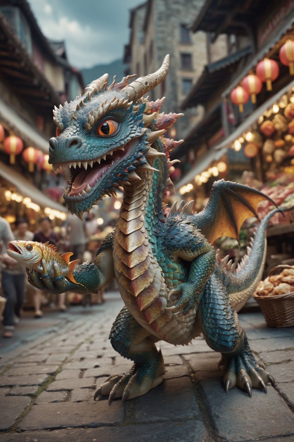 Cinematic still of a dragon holding fish with paws, Humans chasing and fighting, panicked face,  running away in a market. Shallow depth of field, vignette, highly detailed, high budget, bokeh, Cinemascope, moody, epic, gorgeous, film grain, grainy
,a cute dragon,more detail XL