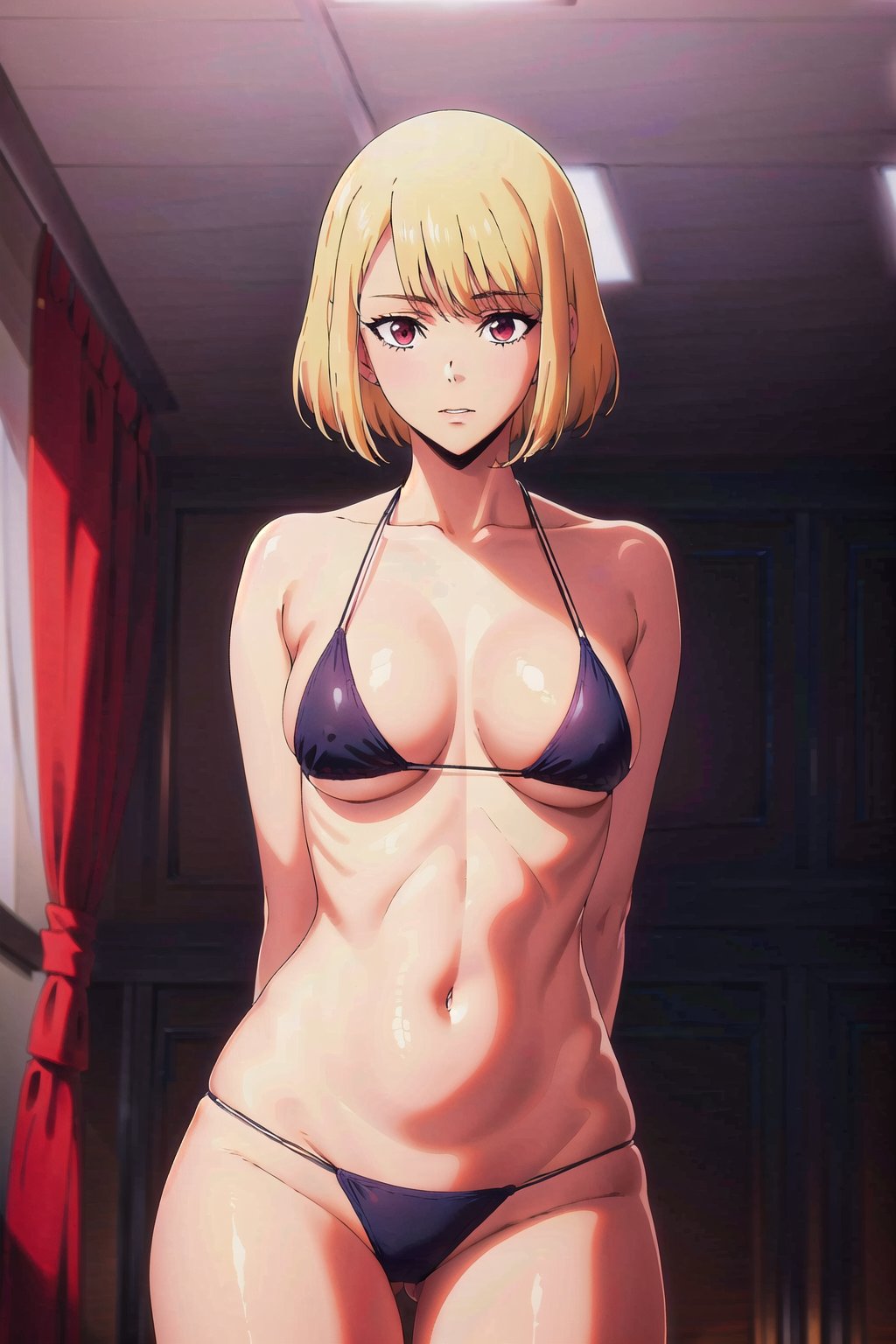 ChaHae-in, short_hair, bangs., bob_cut, blonde_hair, high_resolution, masterpiece, best quality, highres, collarbone, , indoors, cowboy shot, standing, string bikini, black_string_bikini, arms behind back, voloptuous, curvy_hips

