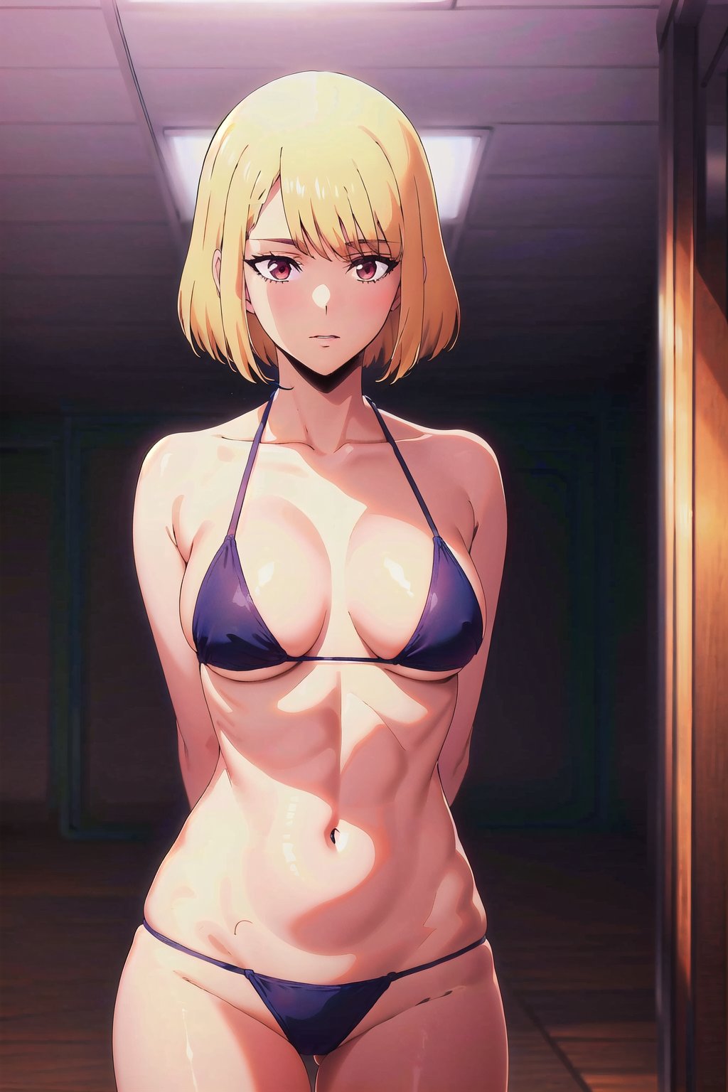 ChaHae-in, short_hair, bangs., bob_cut, blonde_hair, high_resolution, masterpiece, best quality, highres, collarbone, , indoors, cowboy shot, standing, string bikini, black_string_bikini, arms behind back, voloptuous, curvy_hips

