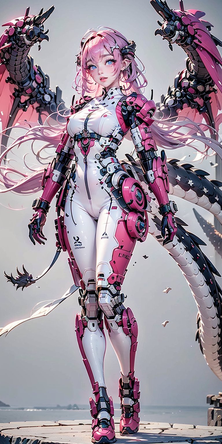 1girl, solo, breasts, looking at viewer, blue eyes, medium breasts, standing, full body, pink hair, parted lips, wings, bodysuit, science fiction, mecha musume, mechanical wings, dragon tail