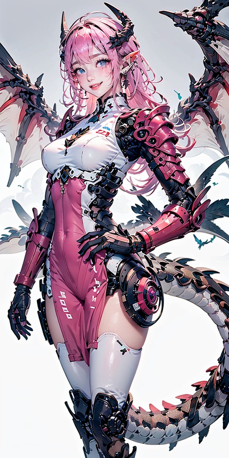 1girl, solo, long hair, breasts, looking at viewer, smile, bangs, blue eyes, jewelry, medium breasts, tail, pink hair, cowboy shot, earrings, parted lips, wings, horns, pointy ears, armor, hand on hip, dragon horns, dragon girl, dragon tail, mechanical arms, mechanical wings
