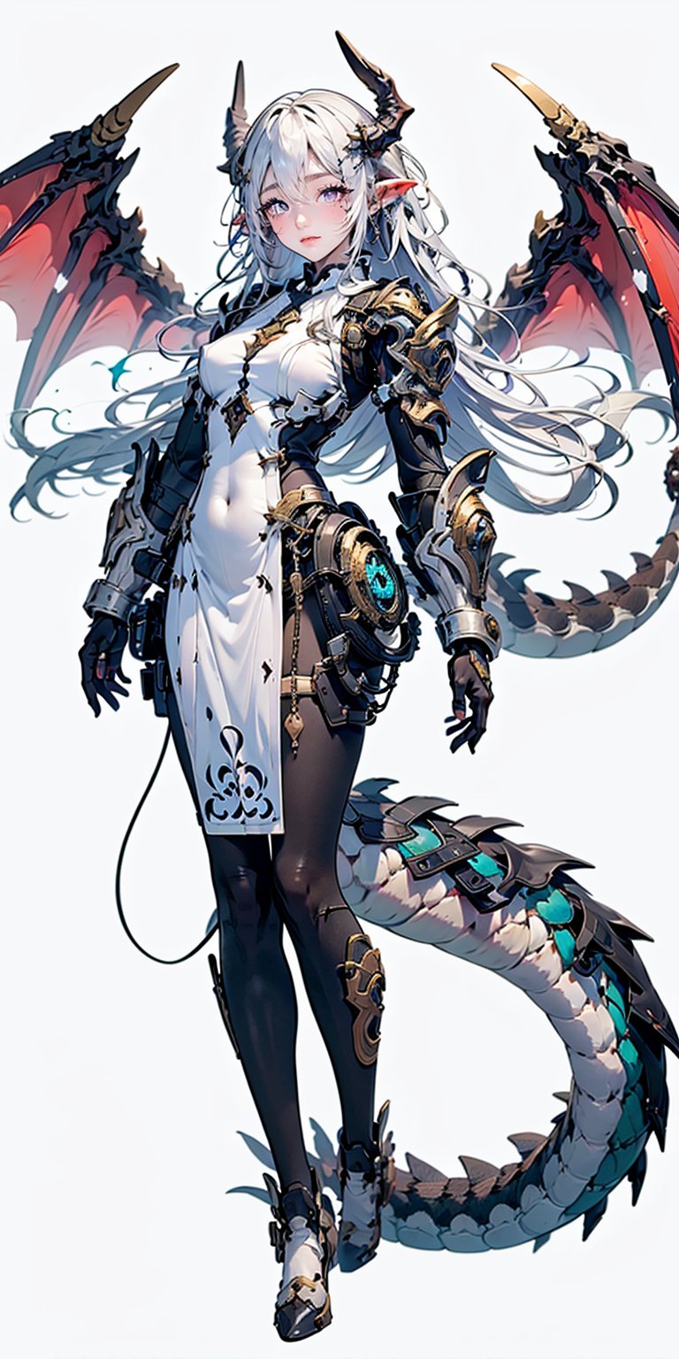 1girl, solo, long hair, breasts, looking at viewer, very long hair, standing, purple eyes, tail, full body, white hair, small breasts, wings, horns, pointy ears, grey eyes, dragon horns, dragon girl, dragon tail, dragon wings