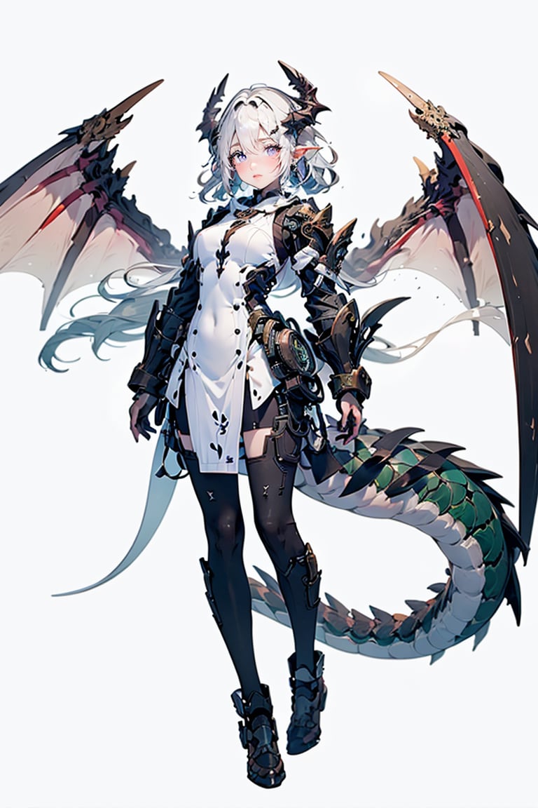 1girl, solo, long hair, breasts, looking at viewer, very long hair, standing, purple eyes, tail, full body, white hair, small breasts, wings, horns, pointy ears, grey eyes, dragon horns, dragon girl, dragon tail, dragon wings