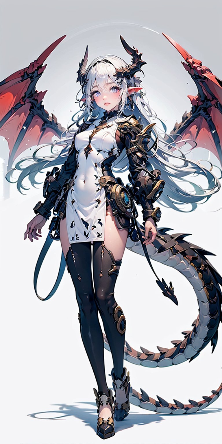 1girl, solo, long hair, breasts, looking at viewer, very long hair, standing, purple eyes, tail, full body, white hair, small breasts, wings, horns, pointy ears, grey eyes, dragon horns, dragon girl, dragon tail, dragon wings