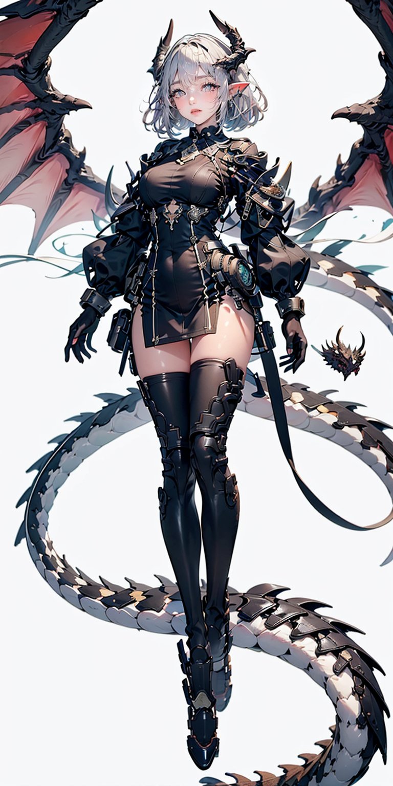 1girl, solo, breasts, looking at viewer, short hair, bangs, large breasts, thighhighs, gloves, white background, dress, closed mouth, standing, tail, full body, grey hair, boots, wings, horns, pointy ears, black gloves, black dress, thigh boots, dragon horns, dragon girl, dragon, dragon tail, mechanical tail