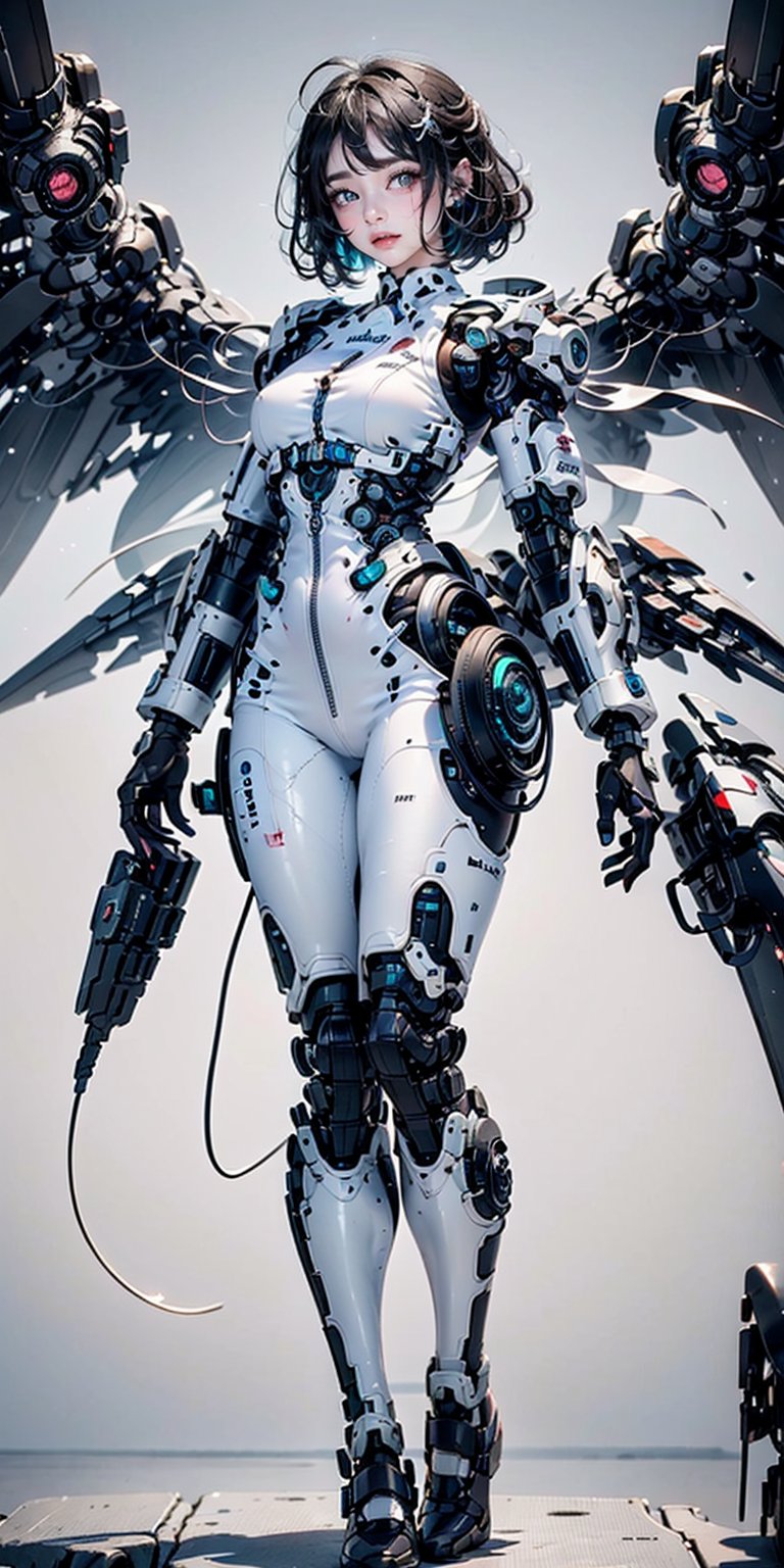 1girl, solo, breasts, looking at viewer, short hair, black hair, standing, full body, wings, lips, science fiction, android, joints, cable, mechanical arms, cyborg, robot joints, mechanical wings, cyberpunk, background cyberpunk city