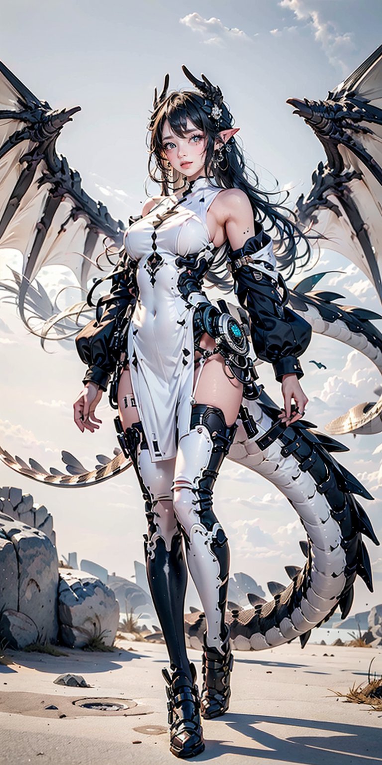 1girl, solo, long hair, breasts, looking at viewer, large breasts, black hair, thighhighs, dress, bare shoulders, jewelry, standing, tail, full body, earrings, outdoors, wings, horns, sky, day, pointy ears, cloud, white dress, white thighhighs, blue sky, pelvic curtain, dragon horns, dragon girl, dragon tail, dragon wings