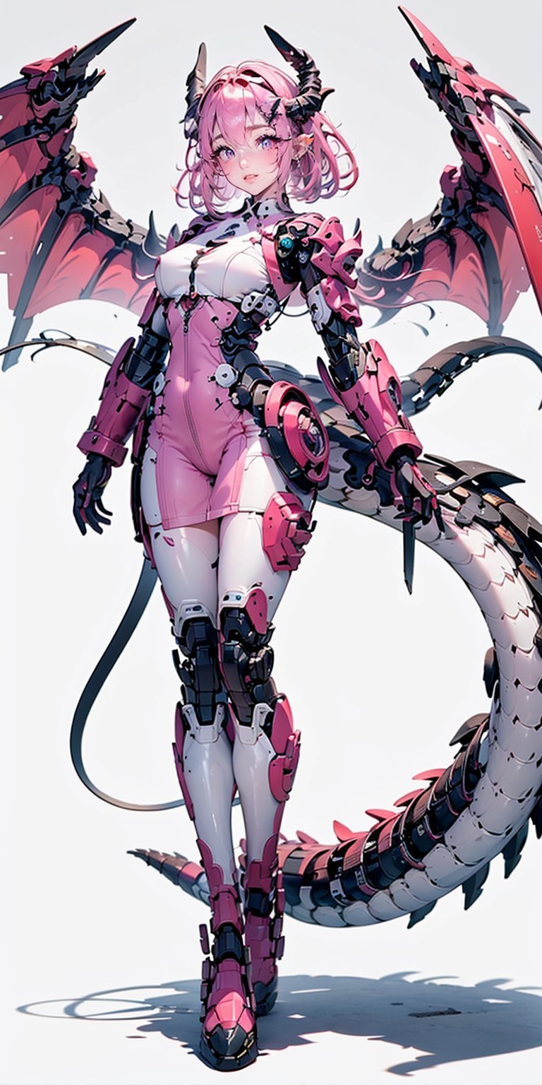 1girl, solo, breasts, looking at viewer, short hair, dress, medium breasts, tail, full body, pink hair, ahoge, wings, horns, pink eyes, bodysuit, pink dress, dragon tail, mecha musume, mechanical wings, mechanical tail