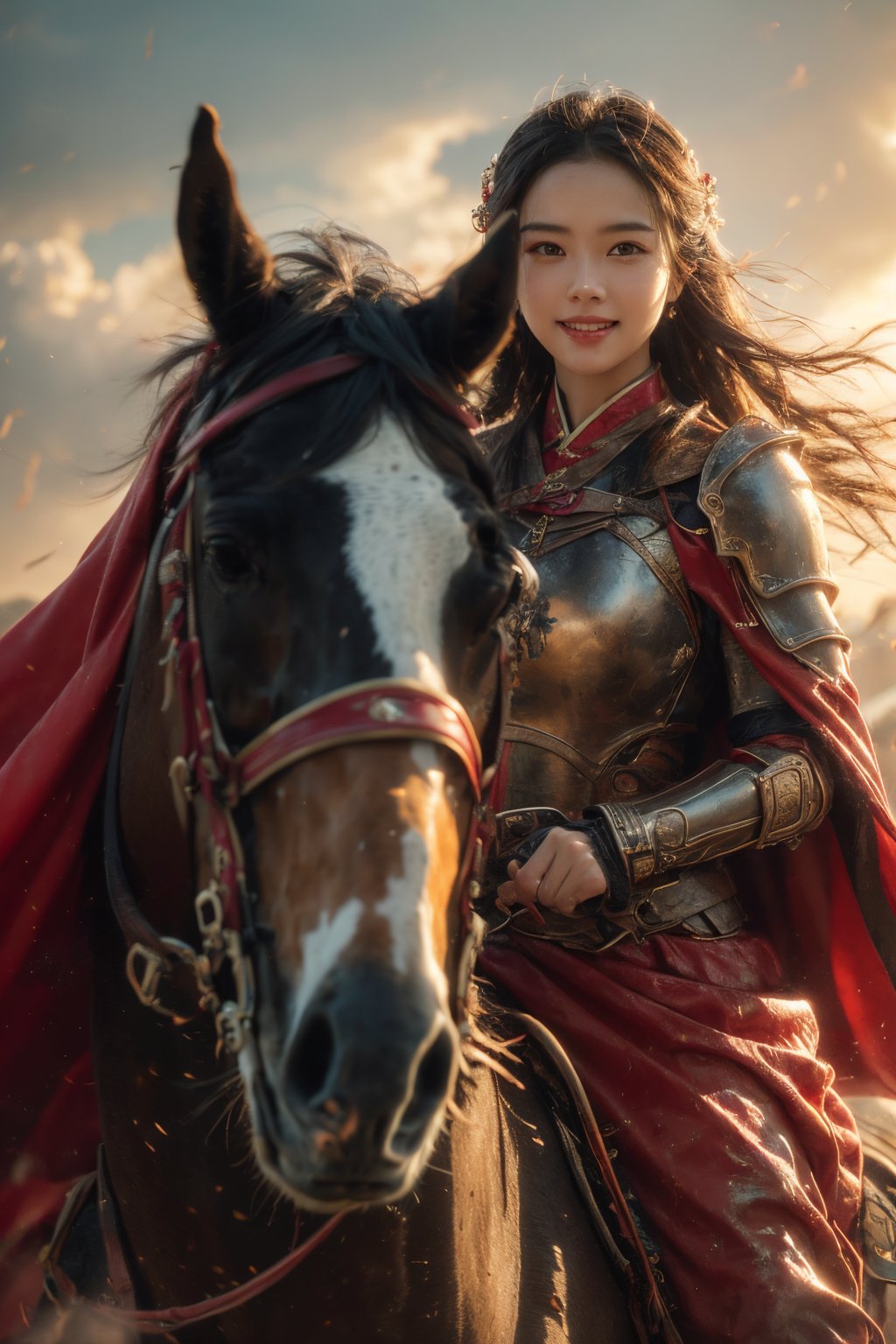 chijian,1girl,riding,horse,horseback riding,long hair,cape,red cape,solo,black hair,shoulder armor,wind,outdoors,<lora:chijian_20240127082632-000008:0.8>,smile,, (high quality), best quality, (4k), 8k, super detailed, (full detail), (masterpiece), (realistic), super detailed,(Exquisite details) ,intricate,