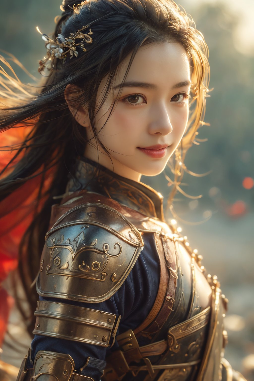 chijian,1girl,solo,long hair,brown hair,armor,looking at viewer,upper body,wind,shoulder armor,from side,<lora:chijian_20240127082632-000008:0.8>,smile,, (high quality), best quality, (4k), 8k, super detailed, (full detail), (masterpiece), (realistic), super detailed,(Exquisite details) ,intricate,