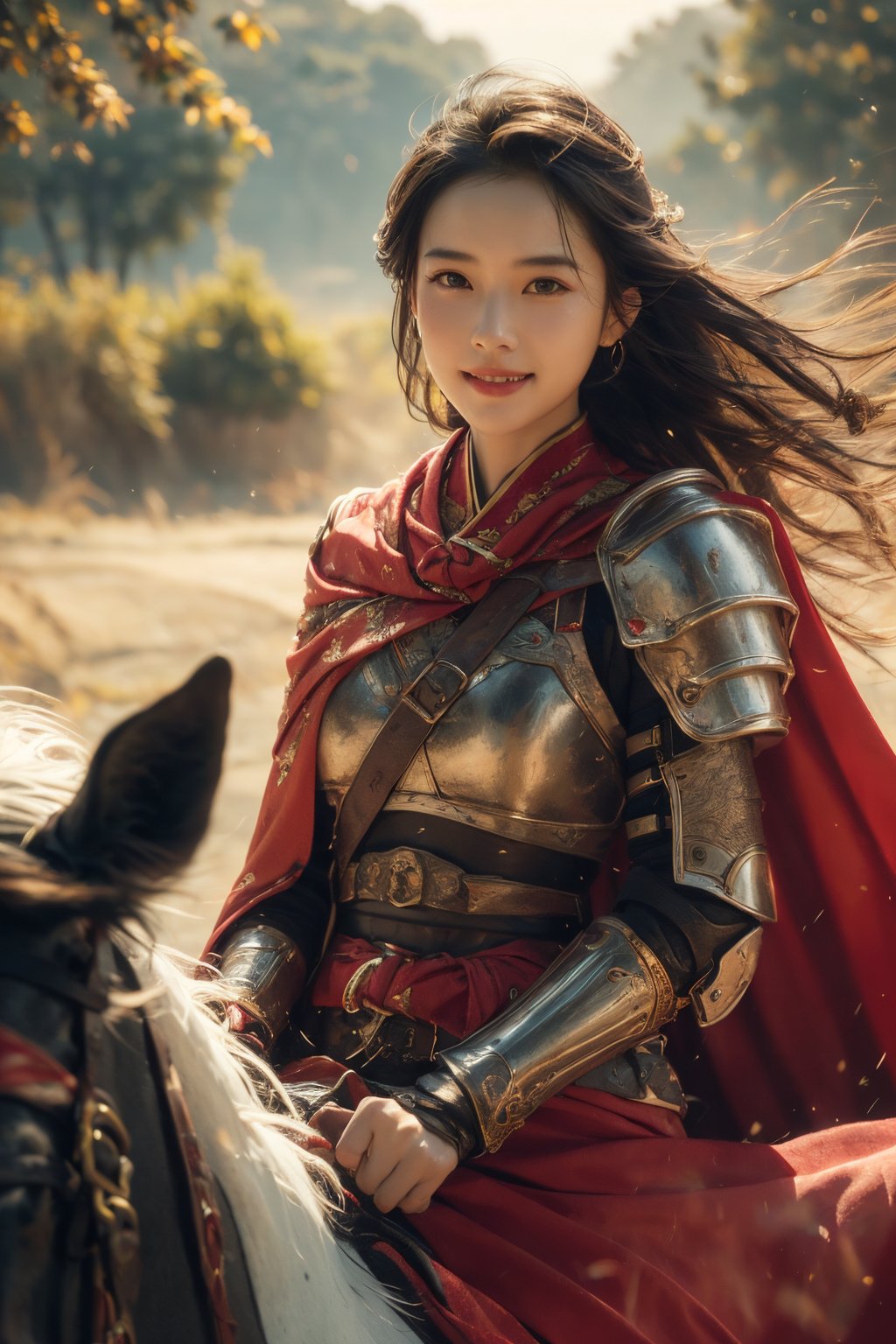 chijian,1girl,riding,horse,horseback riding,long hair,cape,red cape,solo,black hair,shoulder armor,wind,outdoors,<lora:chijian_20240127082632-000008:0.8>,smile,, (high quality), best quality, (4k), 8k, super detailed, (full detail), (masterpiece), (realistic), super detailed,(Exquisite details) ,intricate,