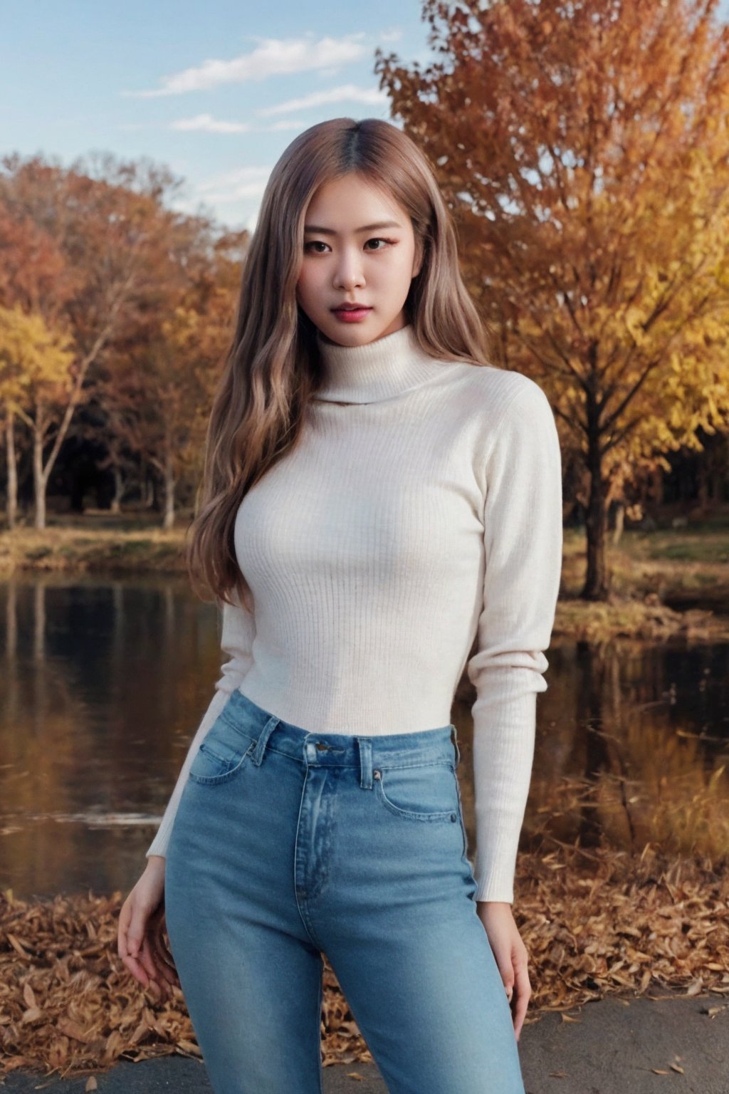 ((Generate hyper realistic image of captivating scene featuring a stunning 22 years old Korean girl)), with long white hair, semi side view, donning tight blue jeans and a turtle neck sweater, autumn scenery, piercing, brown eyes, photography style , Extremely Realistic,  ,photo r3al,photo of perfecteyes eyes,realistic,leather,Masterpiece