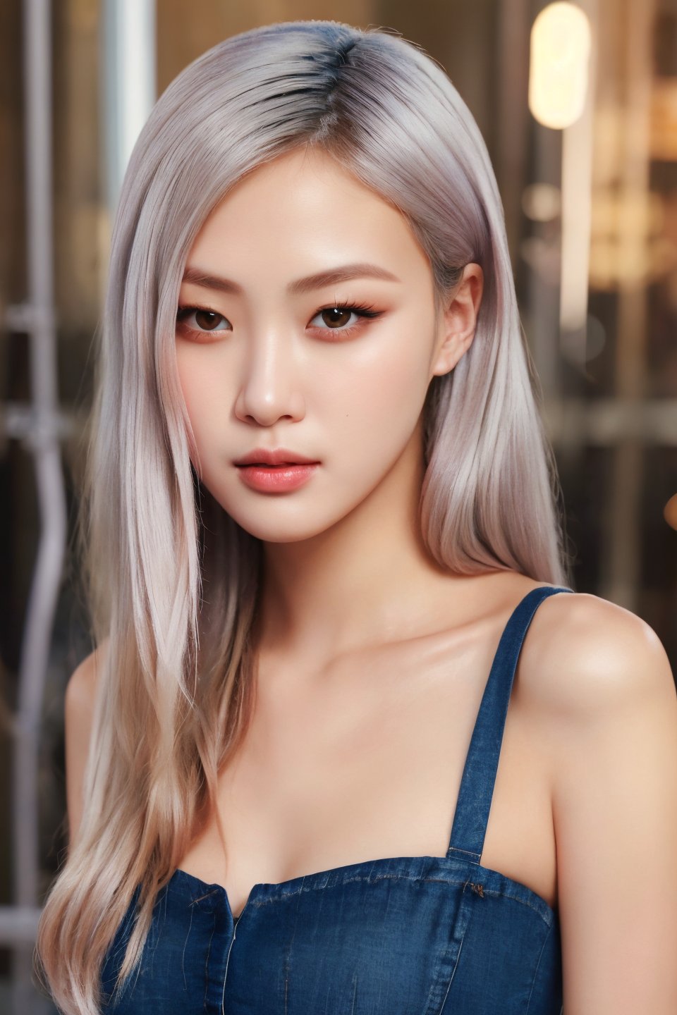 (Best Quality, High Resolution, Masterpiece: 1.3), a beautiful Korean woman, white hair, loose wavy shape, details of face and skin texture beautifully presented, detailed eyes, double eyelids, skinny jeans, industrial city,photorealistic,girlvn,1 girl,Masterpiece