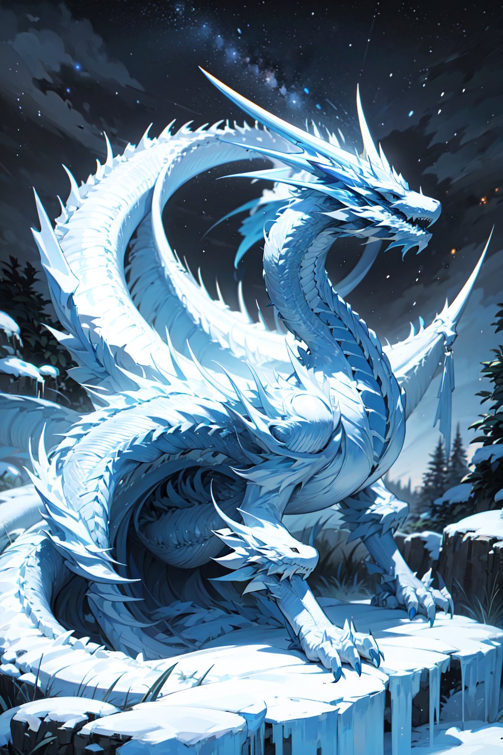 mechanical white dragon,
starry sky,night,ice world,
 masterpiece, best quality,photorealistic