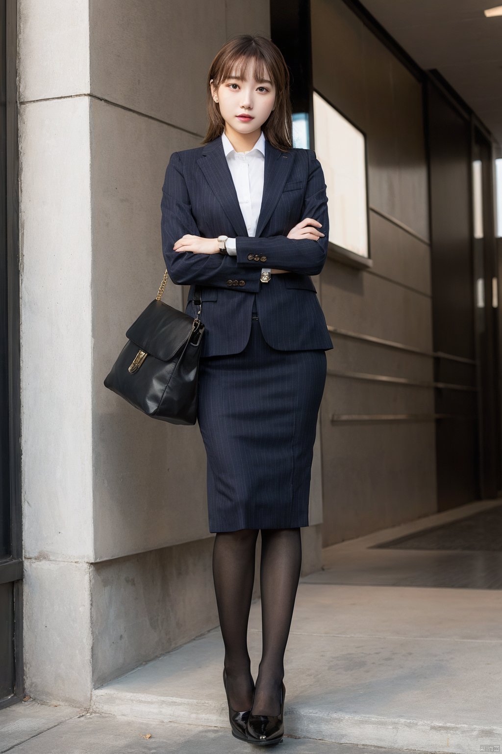  1girl, skirt, solo, pantyhose, brown hair, formal, suit, bag, office lady, jacket, skirt suit, handbag, crossed arms, brown eyes, standing, shirt, striped, looking at viewer, blue jacket, long hair, black footwear, white shirt, full body, pencil skirt, high heels, collared shirt, bangs, indoors, pinstripe pattern, long sleeves, blue skirt, lips, pinstripe suit, black pantyhose, shoulder bag, business suit, watch, closed mouth, striped skirt ,