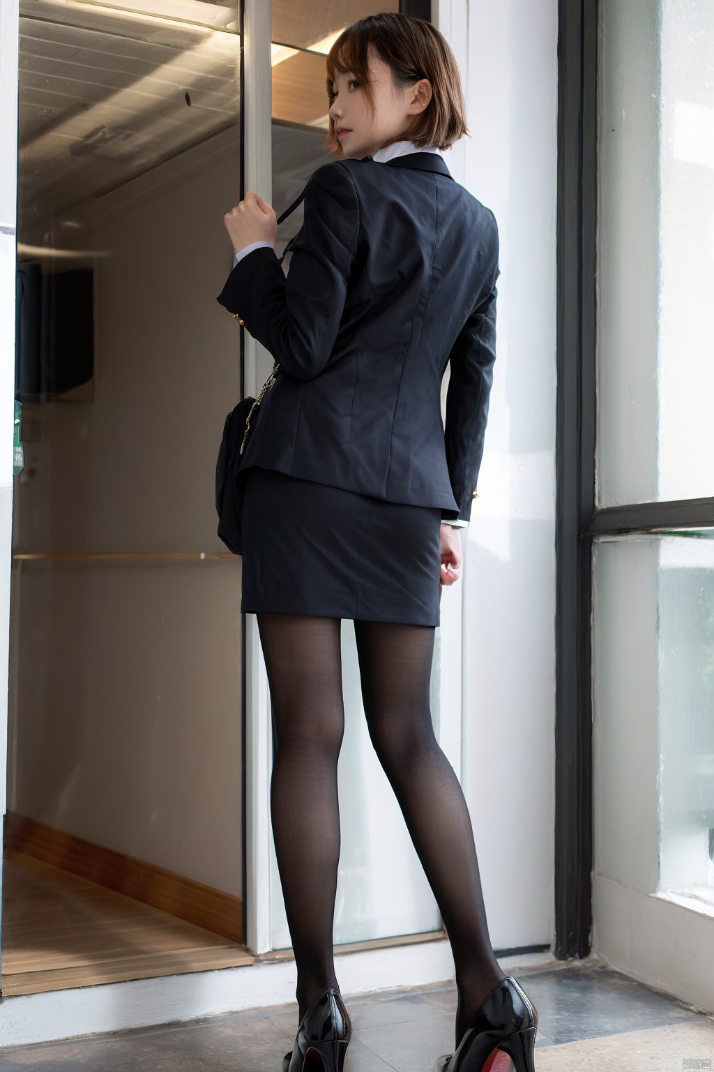 1girl, handbag, pantyhose, solo, brown hair, high heels, bag, formal, skirt, suit, skirt suit, from behind, looking back, short hair, office lady, standing, black footwear, pencil skirt, shoulder bag, indoors, full body, window, jacket, medium hair, chain, realistic, brown eyes, black pantyhose, door, striped, ass, pinstripe pattern , 