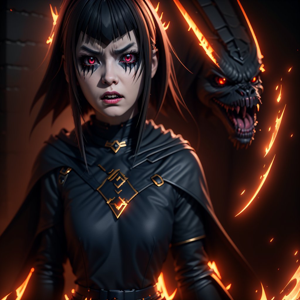 carlydarksigner, Photorealistic full shot of angry darkness anime girl, Dark aura, inspired by tim burton, detailed, unreal engine 8 k, volumetric light,