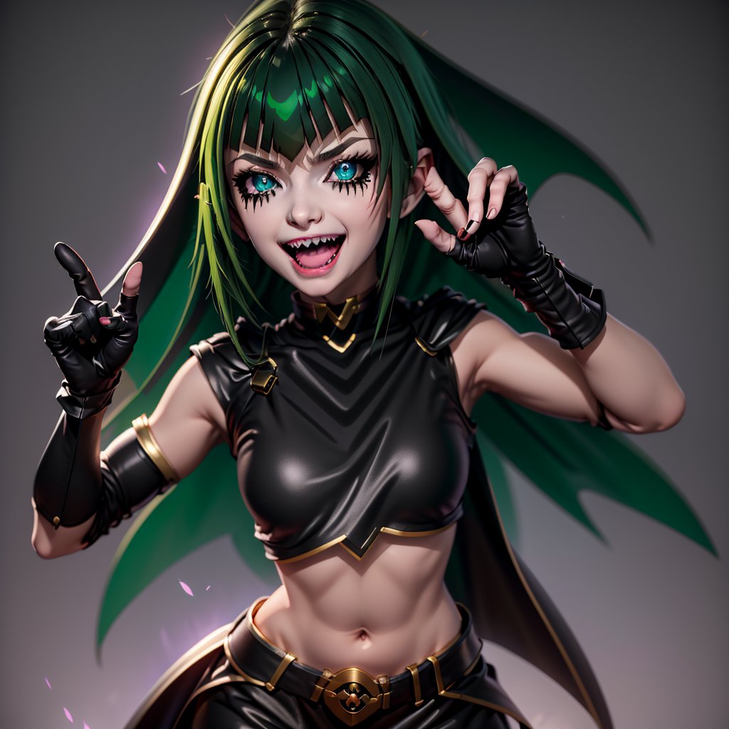 1girl, solo, long hair, smile, open mouth, simple background, gloves, navel, :d, green hair, black gloves, elbow gloves, midriff, belt, blunt bangs, fingerless gloves, cape, crop top, fangs, (black_sclera),blue eyes, solid eyes,pupil, colored sclera,