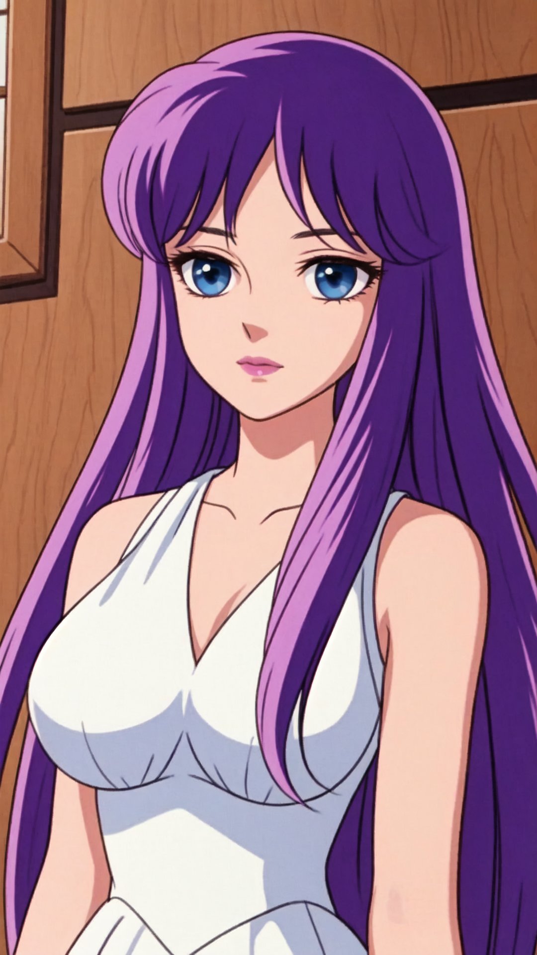 



Saori Kido, Purple Hair, Long Hair, Blue Eyes, Big Breasts, Saori Sleeveless White Dress,