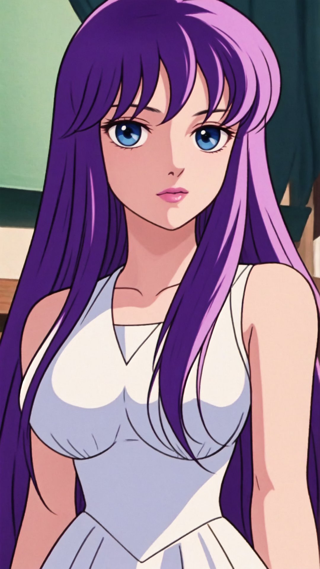 



Saori Kido, Purple Hair, Long Hair, Blue Eyes, Big Breasts, Saori Sleeveless White Dress,