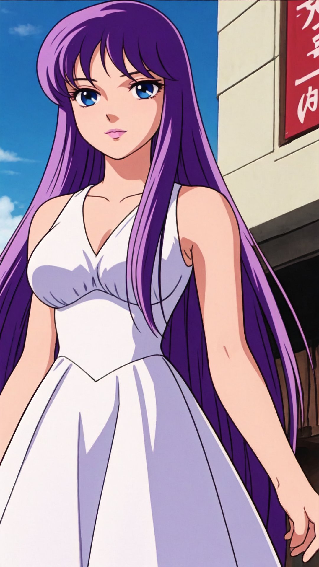 



Saori Kido, Purple Hair, Long Hair, Blue Eyes, Big Breasts, Saori Sleeveless White Dress,