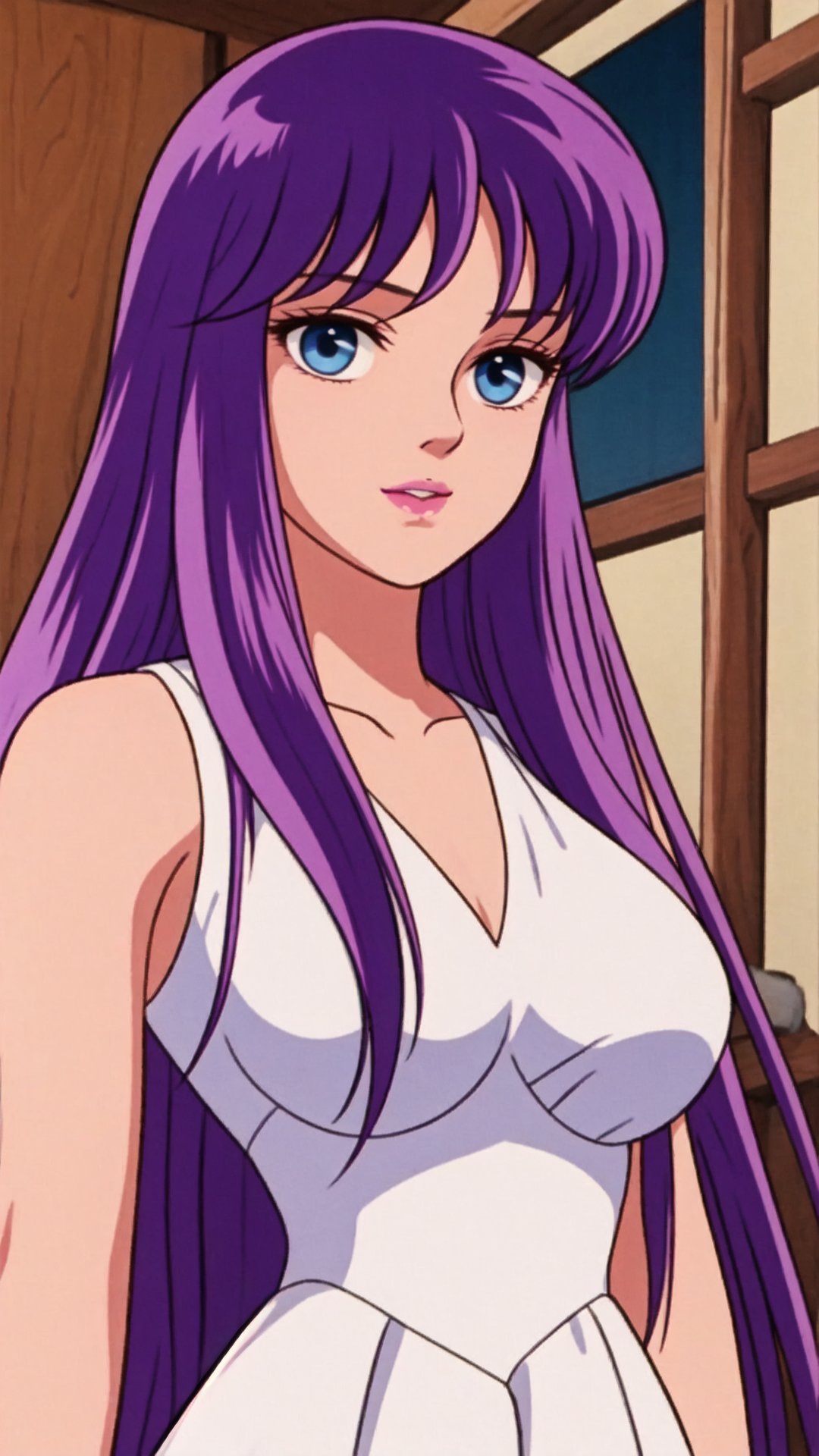 



Saori Kido, Purple Hair, Long Hair, Blue Eyes, Big Breasts, Saori Sleeveless White Dress,