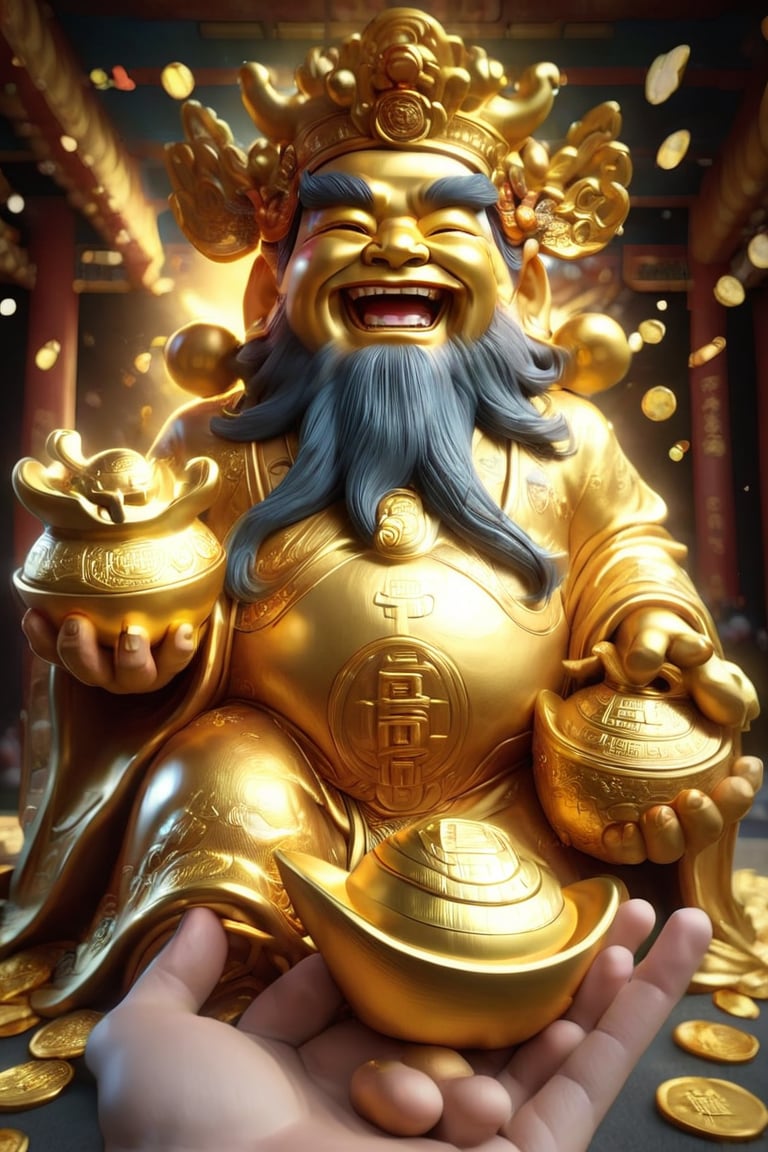 a God of wealth holding a Golden in hand, Happy face, he big sneezed. Shallow depth of field, vignette, highly detailed, high budget, bokeh, Cinemascope, moody, epic, gorgeous, film grain, grainy
,a cute dragon,more detail XL,God of wealth