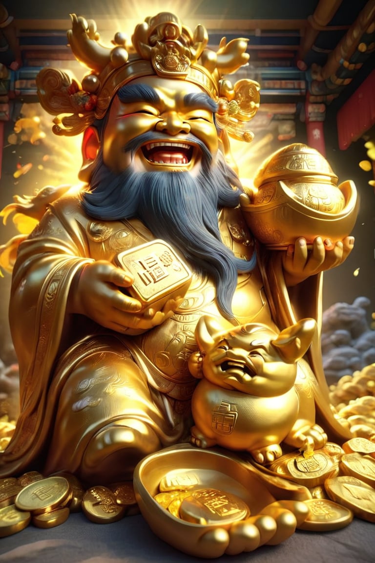 a God of wealth holding a Golden in hand, Happy face, he big sneezed. Shallow depth of field, vignette, highly detailed, high budget, bokeh, Cinemascope, moody, epic, gorgeous, film grain, grainy
,a cute dragon,more detail XL,God of wealth