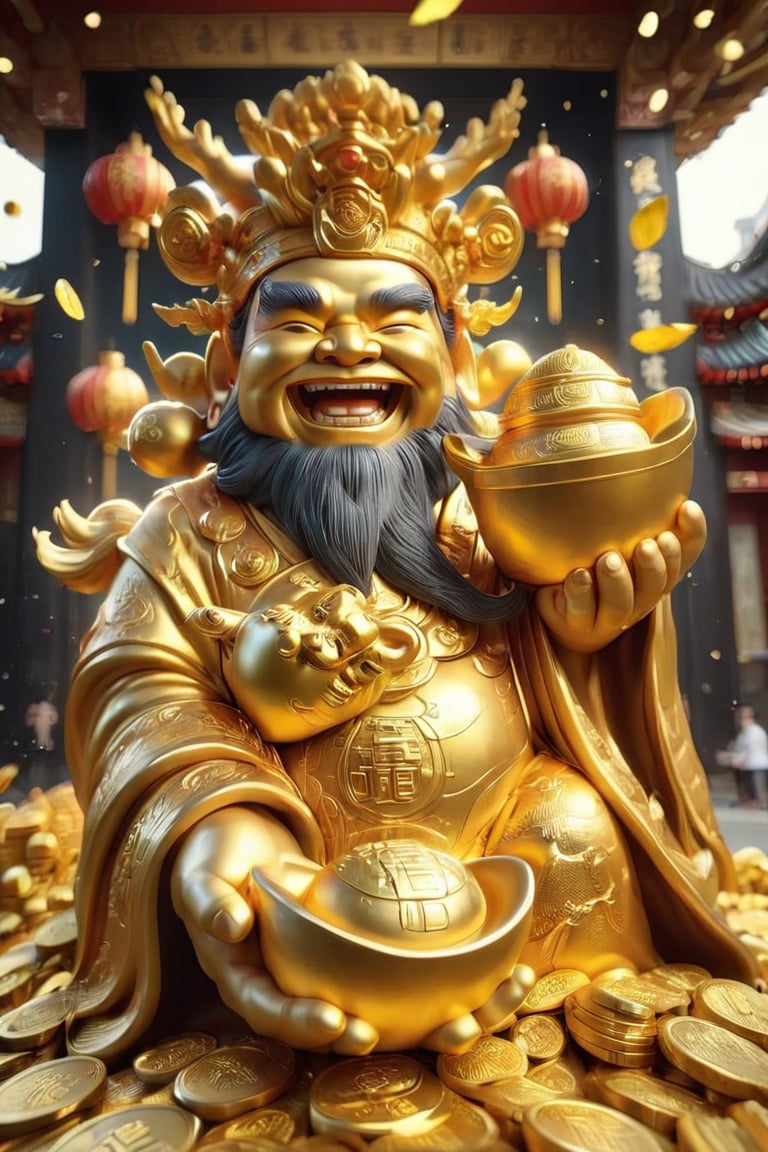 a God of wealth holding a Golden in hand, Happy face, he big sneezed. Shallow depth of field, vignette, highly detailed, high budget, bokeh, Cinemascope, moody, epic, gorgeous, film grain, grainy
,a cute dragon,more detail XL,God of wealth