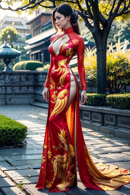 A beautyful vietnamese girls, 18 years, beauty eurovietnamese face, wearing a pattern ao dai, red and yellow, phoenix pattern, áo dài long. Full body shot, realistic, high_res, beauty lightning, outdoor in the park. ,Nice legs and hot body