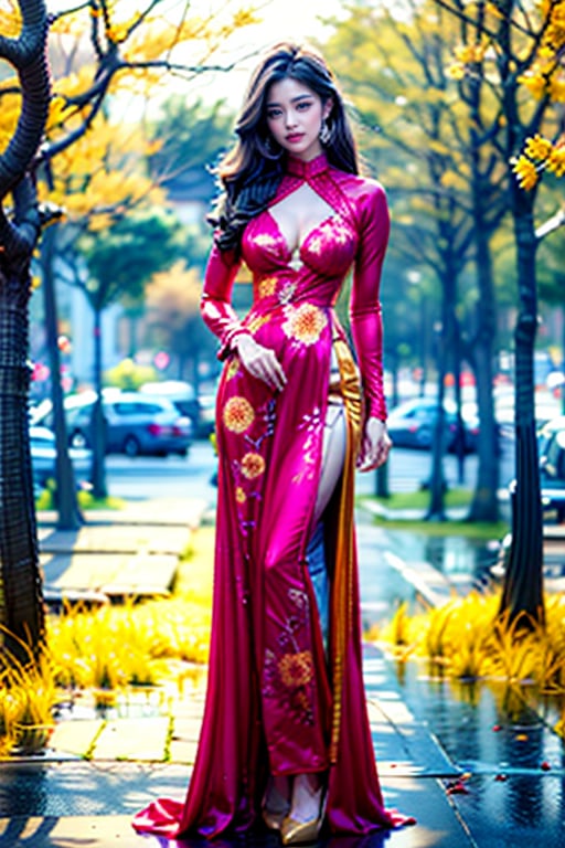 A beautyful vietnamese girls, 18 years, beauty face, wearing a pattern ao dai, red and yellow, phoenix pattern, áo dài long. Full body shot, realistic, high_res, beauty lightning, outdoor in the park. ,Nice legs and hot body