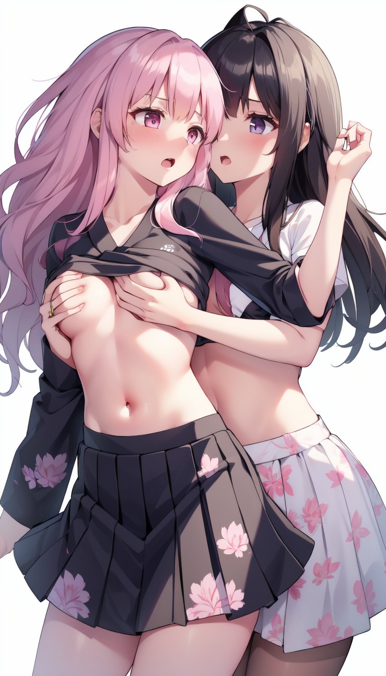 Wavy hair, (Grab another breast:1.3), Pink hair, masterpiece, best quality, 2girls, underboob, <lyco:underboob_grabbing_another:0.9>, (underboob_grabbing_another:1.0), Hanfu skirt, Flower print on skirt, Yuri, Long hair, Medium breasts