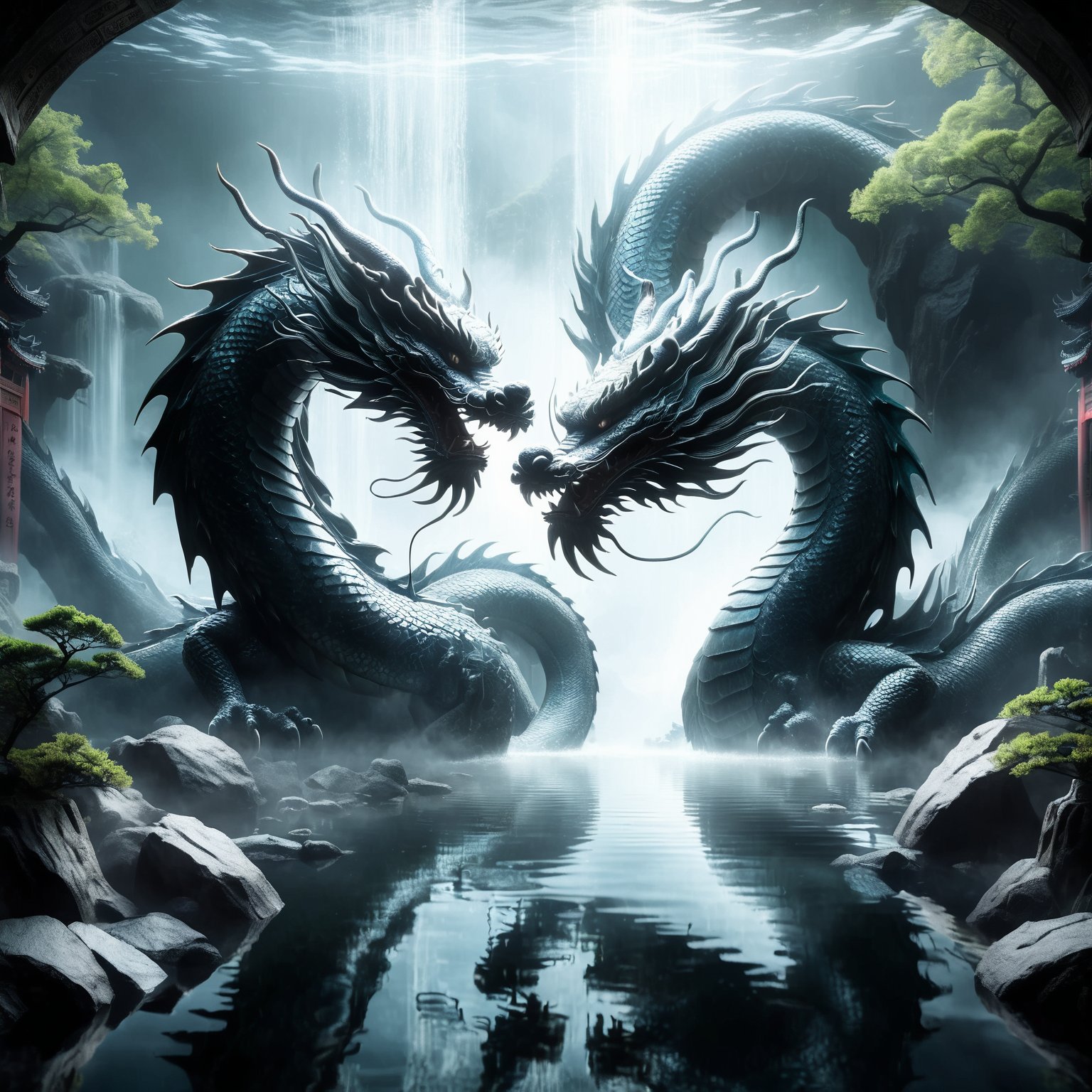 Mystical scene, 'Hidden dragon, do not act' concept, traditional Chinese dragon, splendid scales, lurking in depths of ancient dragon pool, readiness yet restraint, partially concealed by dark waters, immense potential, controlled power, mysterious setting, silhouette barely visible, wisdom of hidden strength, strategic patience, by FuturEvoLab, (Masterpiece, Best Quality, 8k:1.2), (Ultra-Detailed, Highres, Extremely Detailed, Absurdres, Incredibly Absurdres, Huge Filesize:1.1), evoking anticipation and mystery,Katon