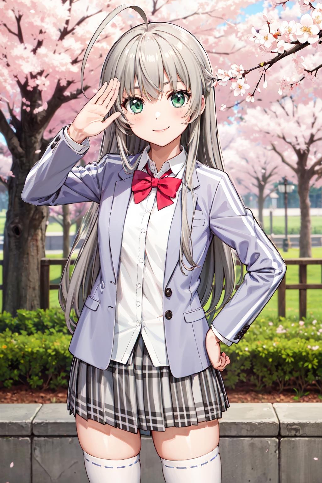 masterpiece,best quality,highres,ultra-detailed,bbnyaruko,long hair,ahoge,school uniform,jacket,grey jacket,red bowtie,shirt,skirt,checkered skirt,(white thighhighs:1.2),loafers,<lora:nyarlathotep_(nyaruko-san):0.8>,outdoors,cherry blossoms,standing,cowboy shot,smile,salute,hands_on_hips,