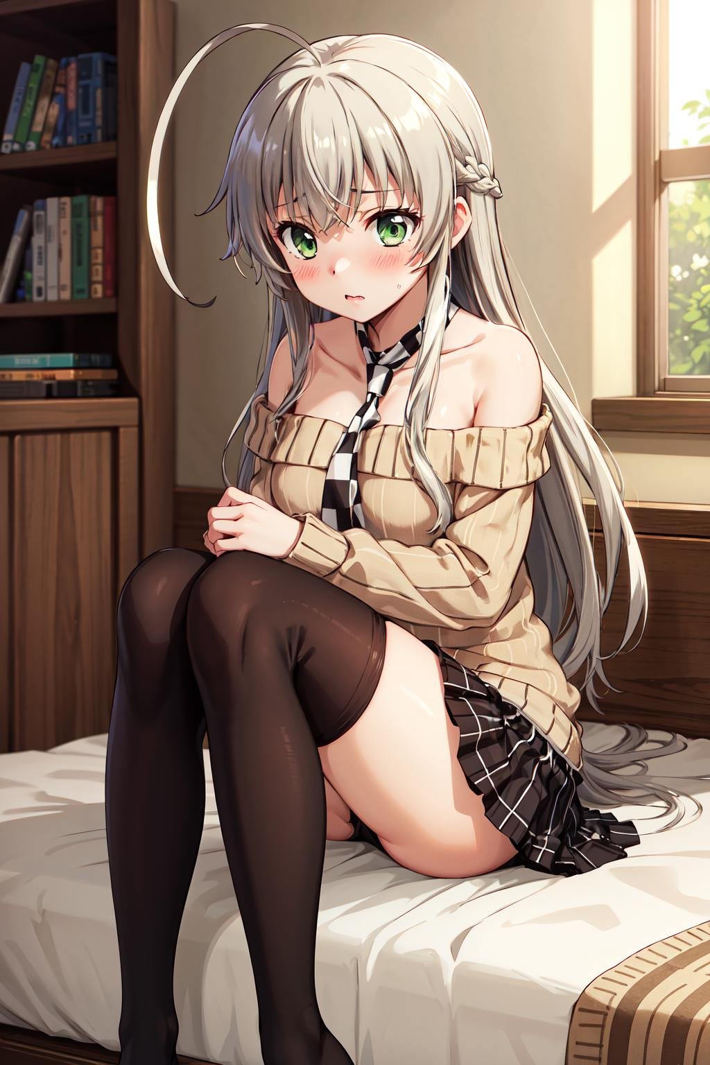 masterpiece,best quality,highres,ultra-detailed,ccnyaruko,long hair,ahoge,bare shoulders,necktie,sweater,brown sweater,skirt,checkered skirt,black thighhighs,<lora:nyarlathotep_(nyaruko-san):0.8>,indoors,bed,sitting,blush,(embarrass:1.2),