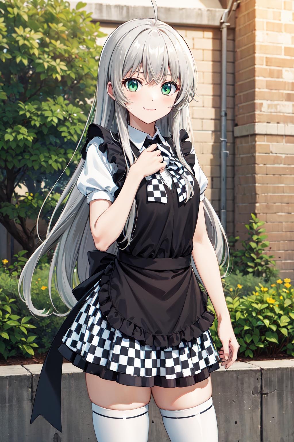 masterpiece,best quality,highres,ultra-detailed,aanyaruko,long hair,ahoge,shirt,white shirt,checkered clothes,short sleeves,black apron,skirt,checkered skirt,zettai ryouiki,(white thighhighs:1.2),high heels,<lora:nyarlathotep_(nyaruko-san):0.8>,outdoors,standing,:smile,cowboy shot,