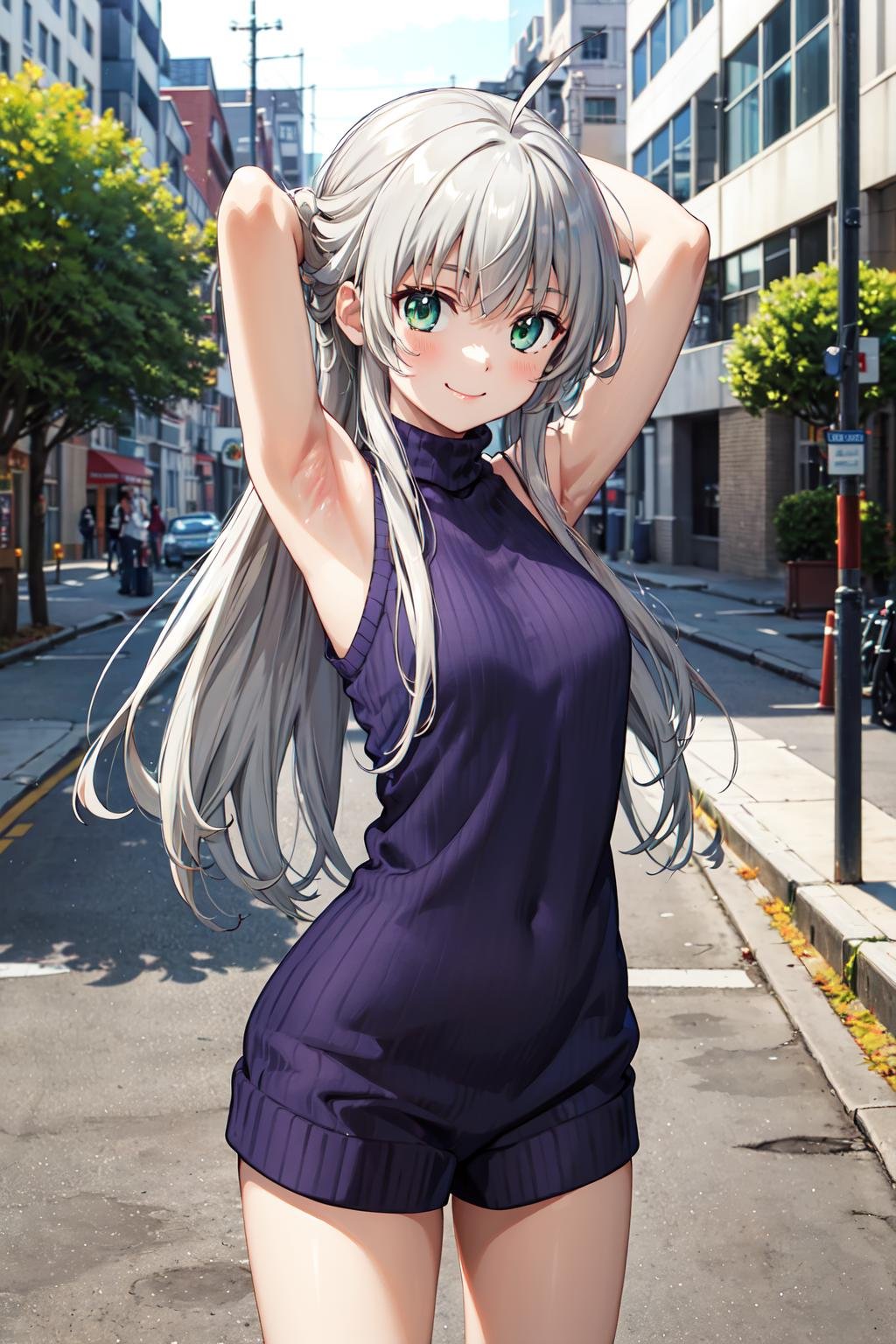 masterpiece,best quality,highres,ultra-detailed,aanyaruko,long hair,ahoge,<lora:nyarlathotep_(nyaruko-san):0.8>,(sweater:1.2),(turtleneck:1.2),street,smile,standing,(sleeveless:1.4),arm_behind_head,arms_up,cowboy shot,