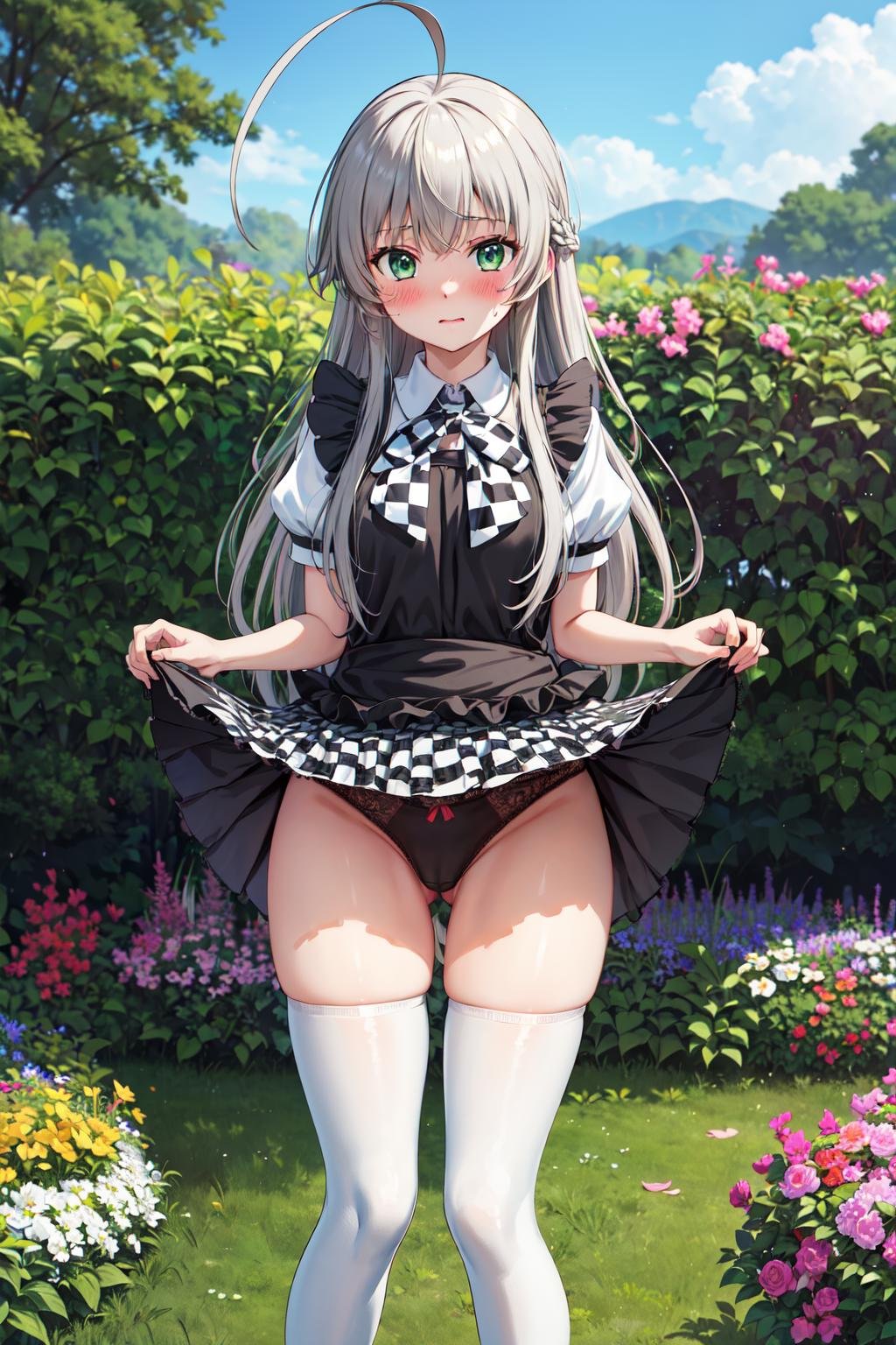 masterpiece,best quality,highres,ultra-detailed,aanyaruko,long hair,ahoge,shirt,white shirt,checkered clothes,short sleeves,black apron,skirt,checkered skirt,zettai ryouiki,(white thighhighs:1.2),high heels,<lora:nyarlathotep_(nyaruko-san):0.8>,(skirt lift:1.4),(blush:1.2),(embarrass:1.2),outdoors,garden,lace-trimmed panties,