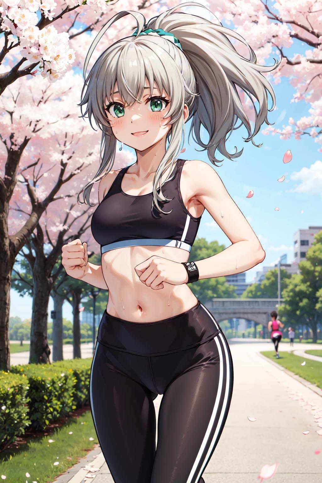 masterpiece,best quality,highres,ultra-detailed,aanyaruko,long hair,ahoge,<lora:nyarlathotep_(nyaruko-san):0.8>,sports bra,(leggings:1.2),outdoors,cherry blossoms,smile,sweat,running,ponytail,