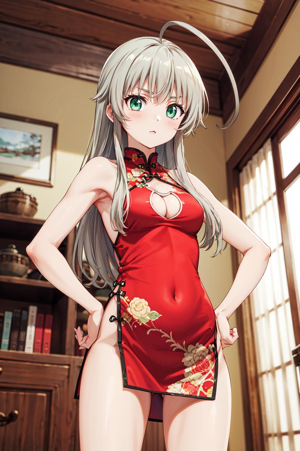 masterpiece,best quality,highres,ultra-detailed,aanyaruko,long hair,ahoge,<lora:nyarlathotep_(nyaruko-san):0.8>,bare shoulders,china dress,chinese clothes,short dress,cleavage cutout,sideboob,thighs,hands_on_hips,(furrowed_brow:1.2),indoors,front view,from_below,