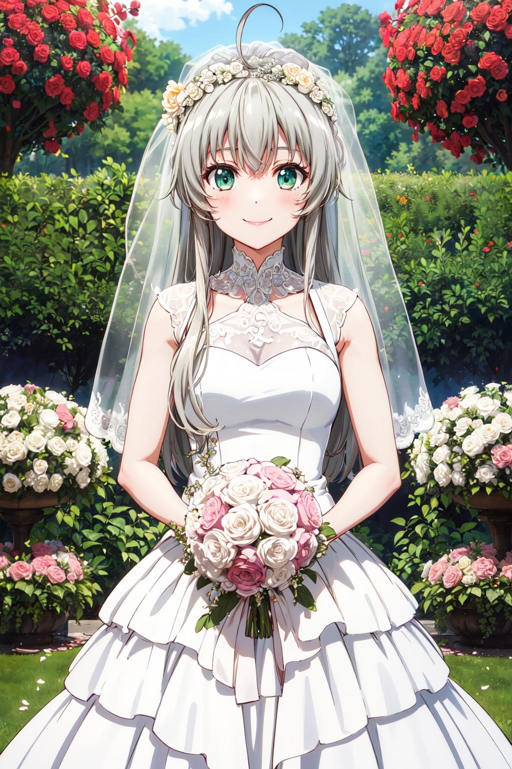 masterpiece,best quality,highres,ultra-detailed,aanyaruko,long hair,ahoge,<lora:nyarlathotep_(nyaruko-san):0.8>,(wedding dress:1.2),white dress,(veil:1.2),garden,smile,outdoors,standing,cowboy shot,holding bouquet,