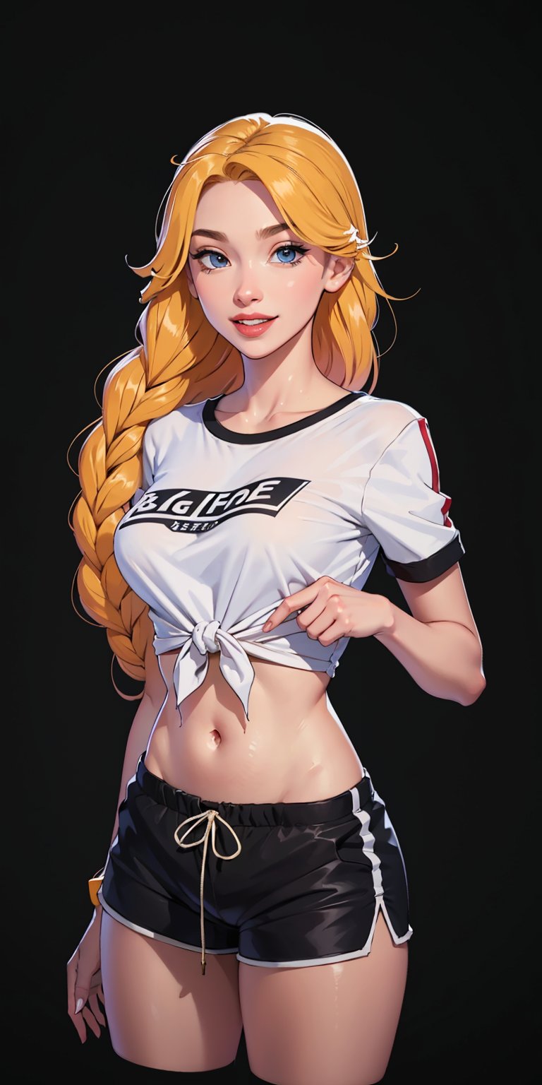 1girl, ((blank background)), vibrant colors, (long_hair, single_braid, blonde_hair)), light_blue_eyes, large breasts, ((white shirt, tied_shirt, crop_shirt, spats shorts, short_sleeve)), ((black background)), thighhigh, half_body_portrait,LCheer ,off_shoulder, happy_face, smile, bare_shoulder