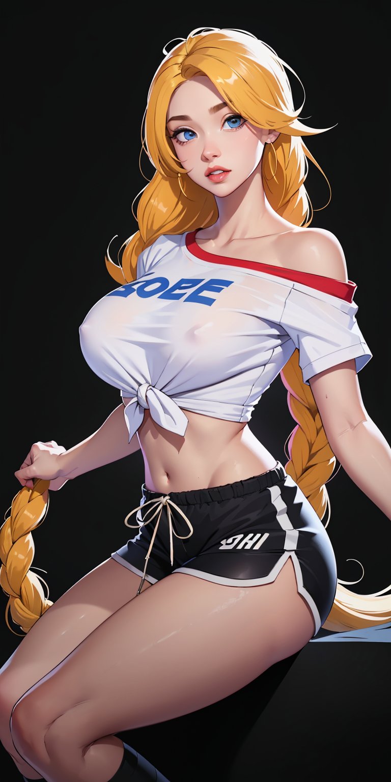 1girl, ((blank background)), vibrant colors, (long_hair, single_braid, blonde_hair)), light_blue_eyes, large breasts, off_shoulder, ((white shirt, tied_shirt, crop_shirt, spats shorts)), ((black background)), thighhigh, knee-length portrait,LCheer, 