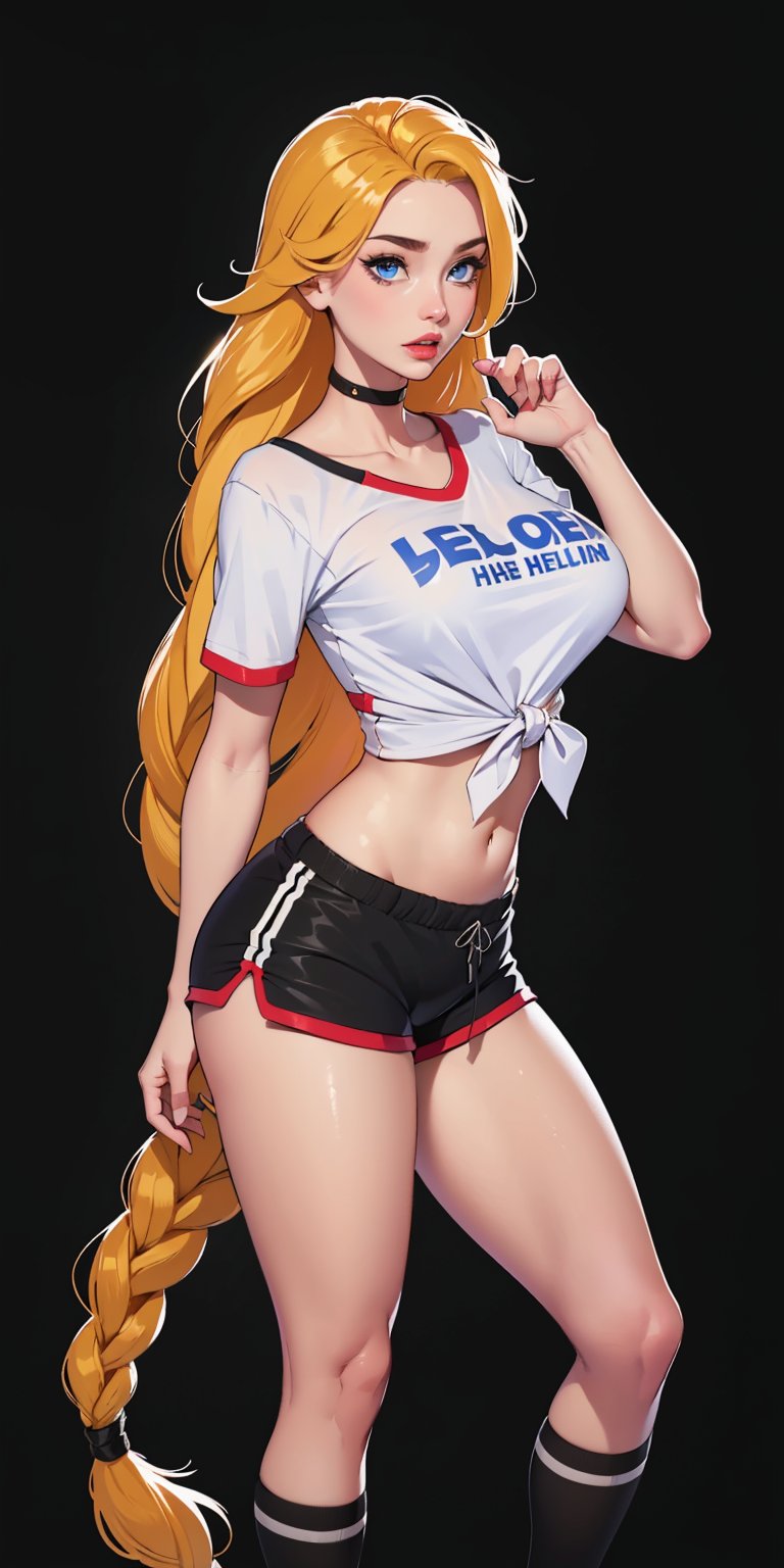 1girl, ((blank background)), vibrant colors, (long_hair, single_braid, blonde_hair)), light_blue_eyes, large breasts, ((white shirt, tied_shirt, crop_shirt, spats shorts, short_sleeve)), ((black background)), thighhigh, half_body_portrait,LCheer ,Off_shoulder