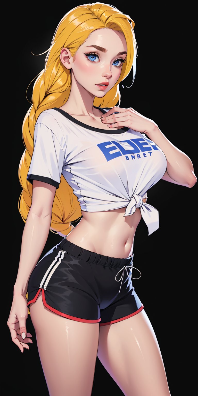 1girl, ((blank background)), vibrant colors, (long_hair, single_braid, blonde_hair)), light_blue_eyes, large breasts, ((white shirt, tied_shirt, crop_shirt, spats shorts, short_sleeve)), ((black background)), thighhigh, half_body_portrait,LCheer ,Off_shoulder