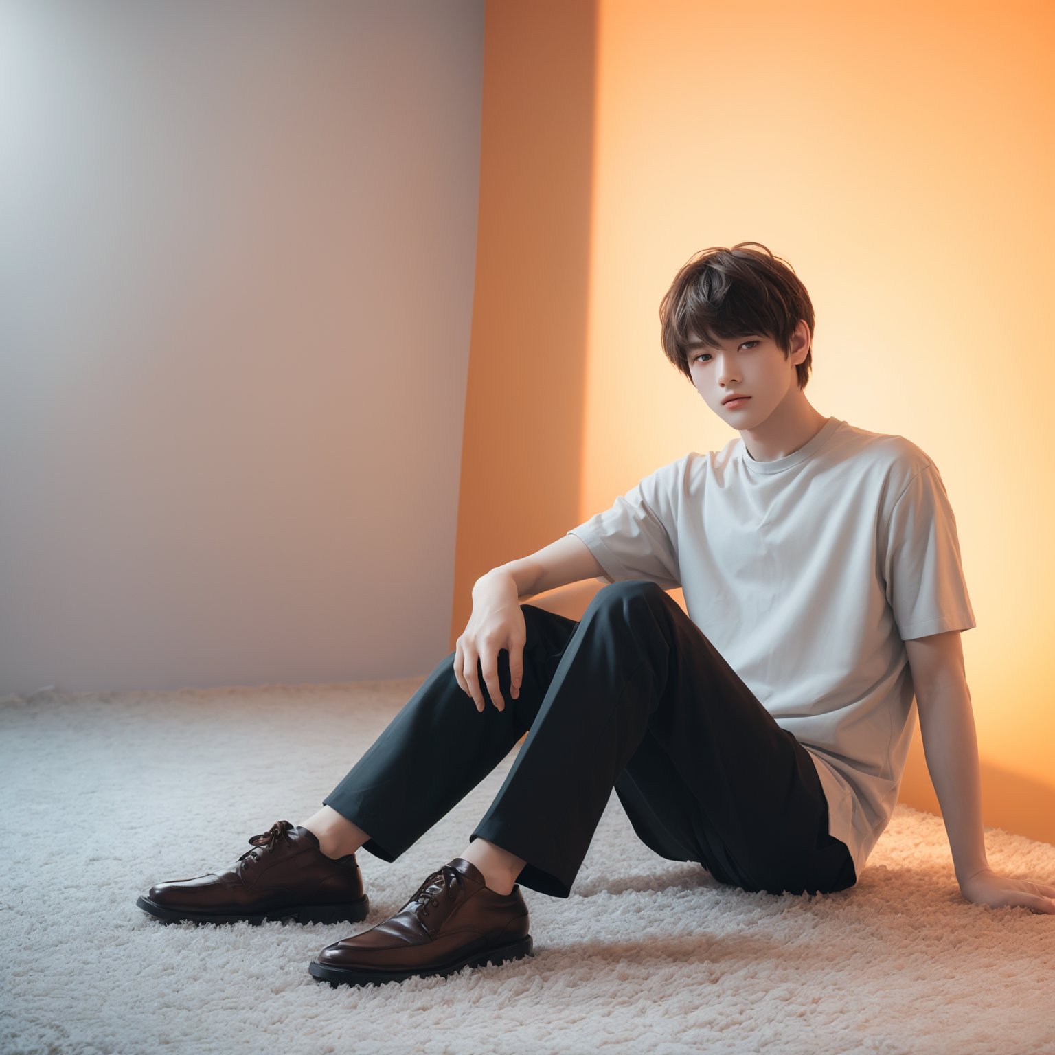 boy,solo,sitting,short hair,brown hair,muted color,indoor photography,(light orange background),white flower,(gray carpet),(full body),(((masterpiece))),(((best quality))),highly detailed,