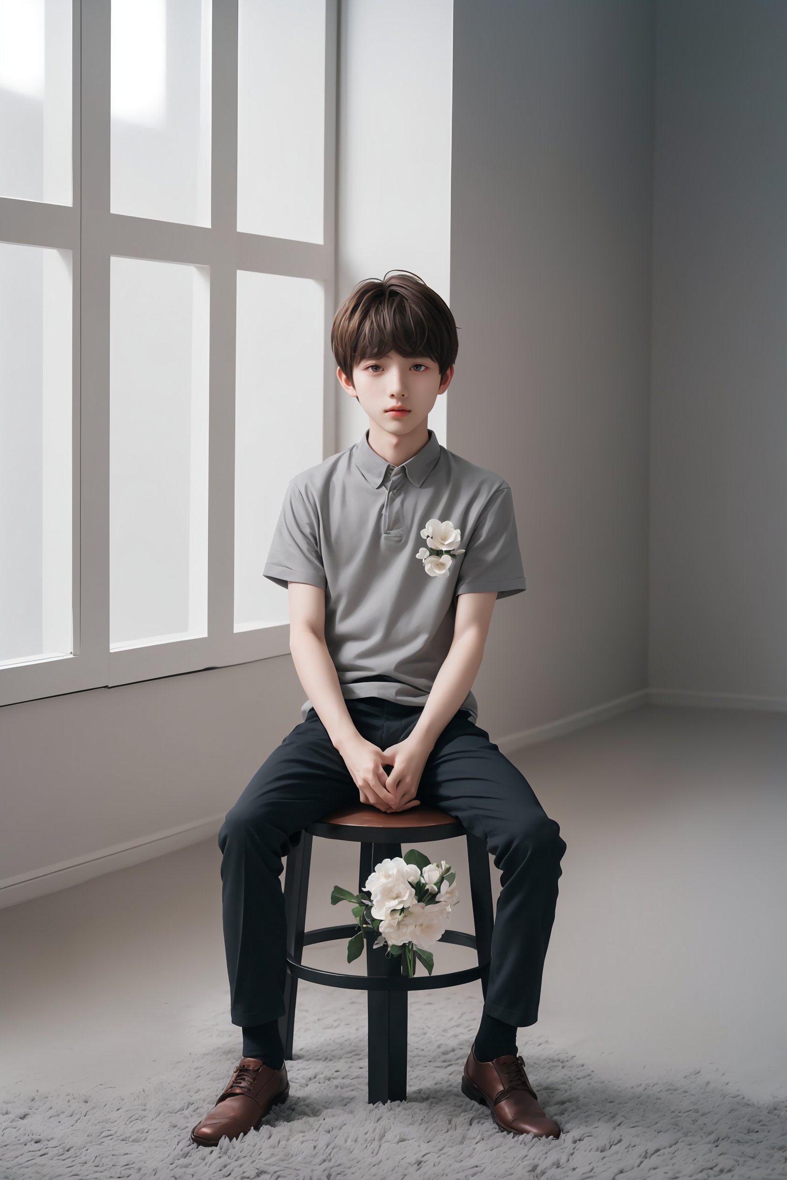 1boy,solo,sitting,short hair,brown hair,muted color,indoor photography,(light gray background),white flower,(gray carpet),(full body),(((masterpiece))),(((best quality))),highly detailed,((poakl flower style)),