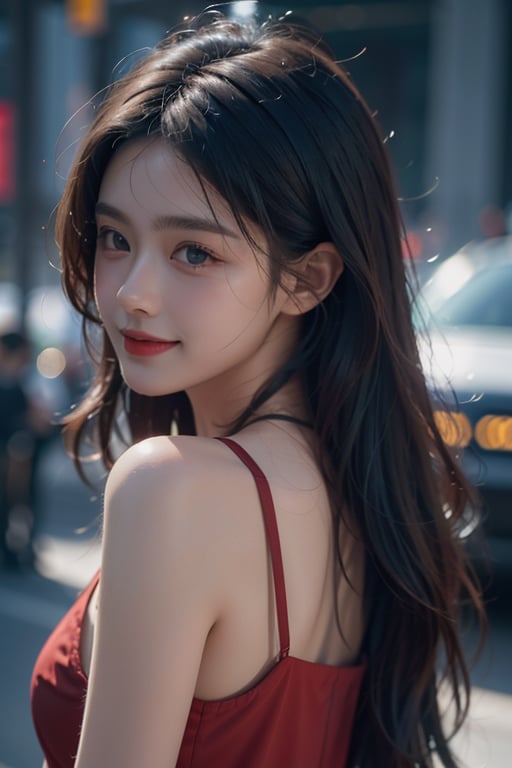 photorealistic of a cute girl in red\(smile, messy long silver hair\), detailed skin and face, shadow, cinematic, shot from side, look back, street, surrealistic, sense of reality, very realistic, very realistic, intense contrast of light and shadow, Leica M50, f/1.8, light master